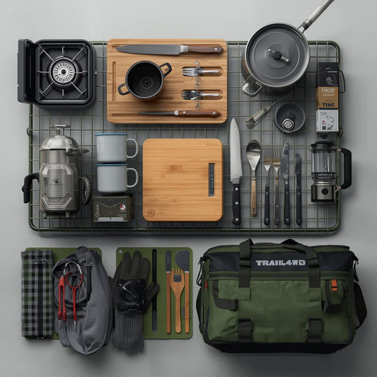 Collection of camping and outdoor cooking gear including pots, pans, cutting boards, and a bag on a gray surface.
