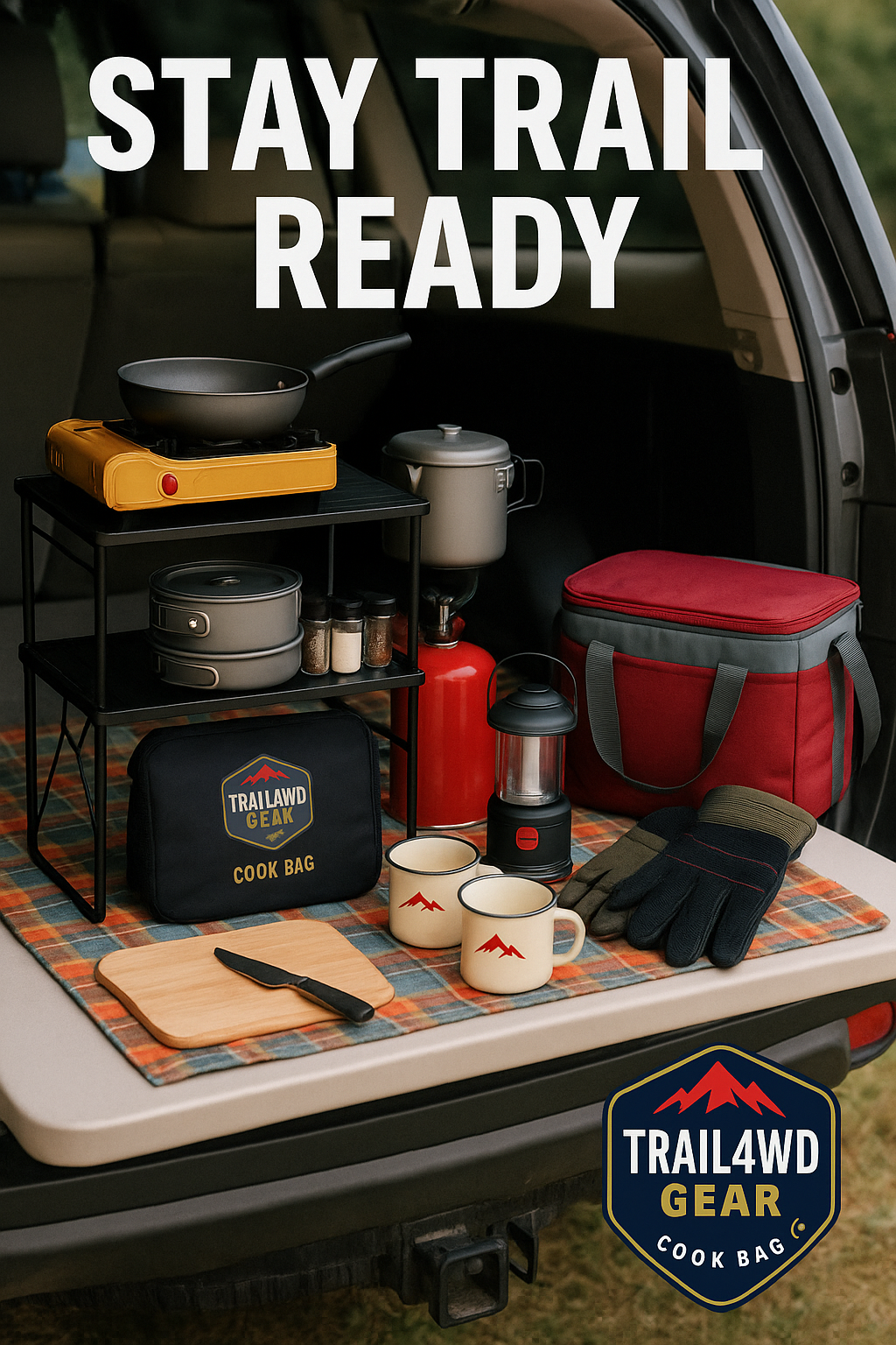 Trail4wd Gear setup on a vehicle's open trunk with cooking utensils and a cooler bag.