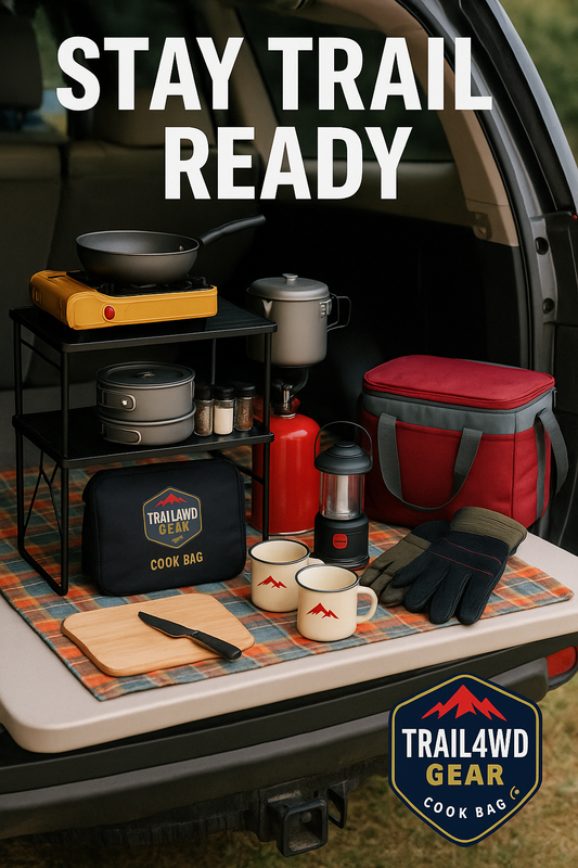 Trail4wd Gear setup on a vehicle's open trunk with cooking utensils and a cooler bag.